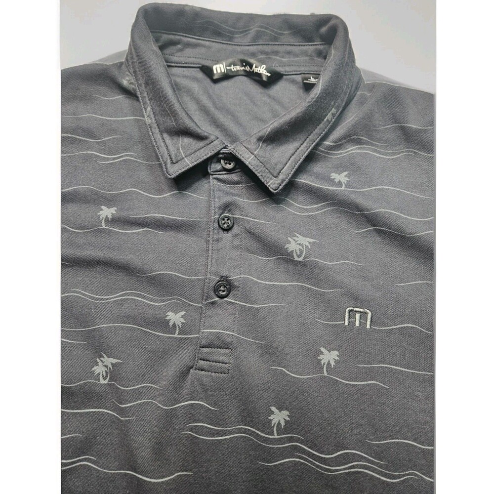 Travis Mathew Polo Shirt Mens Large Black Striped Palm Tree Print Golf Casual